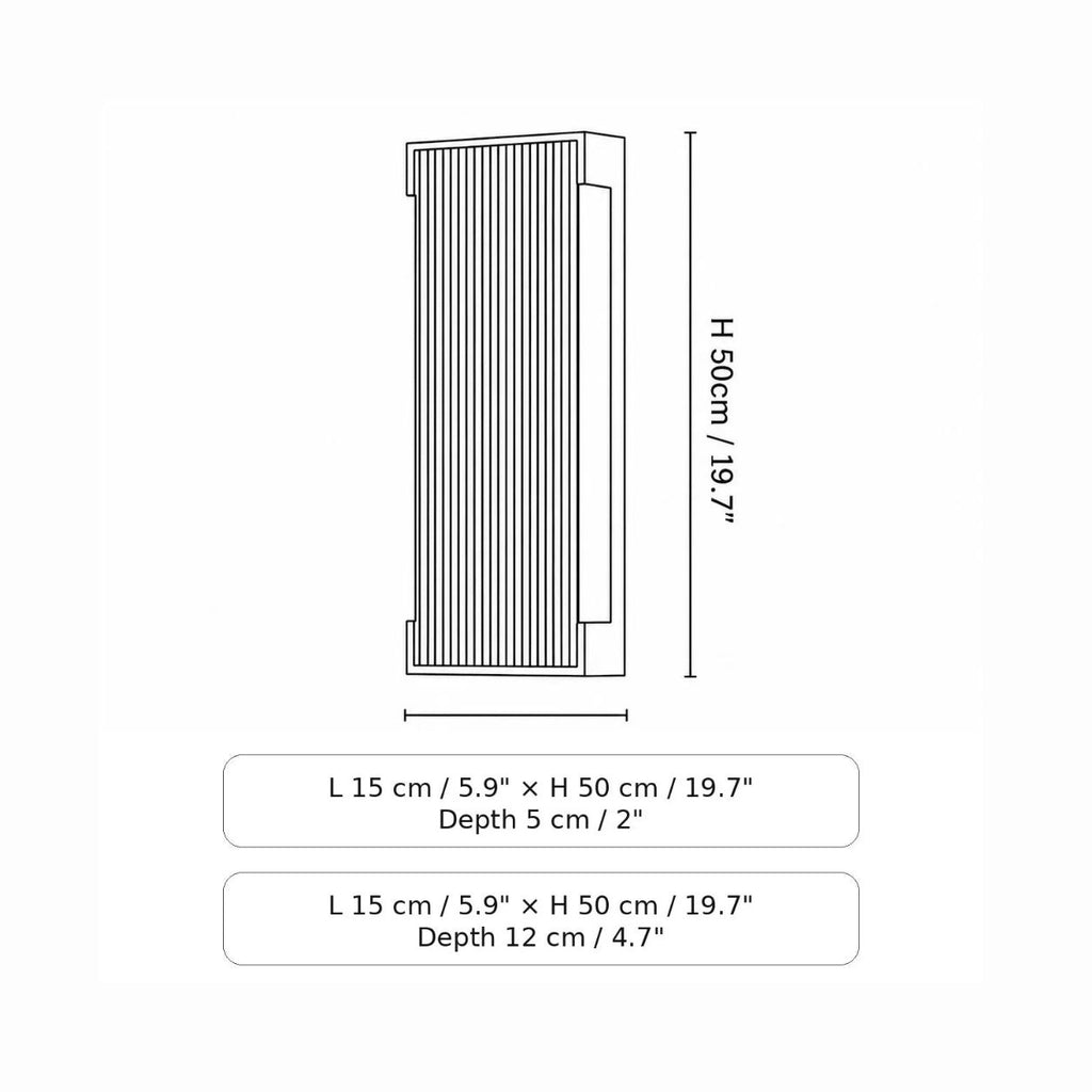 Size guide showing the fluted wall light at 15cm wide and 50cm tall in two depths