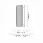 Size guide showing the fluted wall light at 15cm wide and 50cm tall in two depths