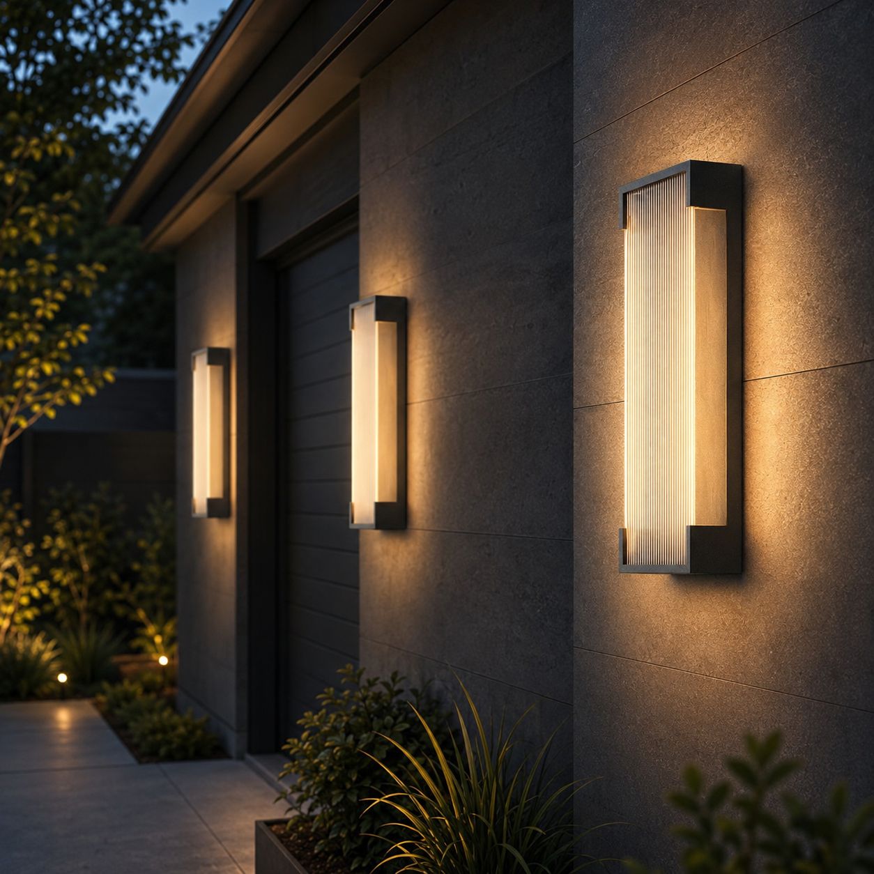 Two fluted wall lights flanking a garage on a dark rendered facade