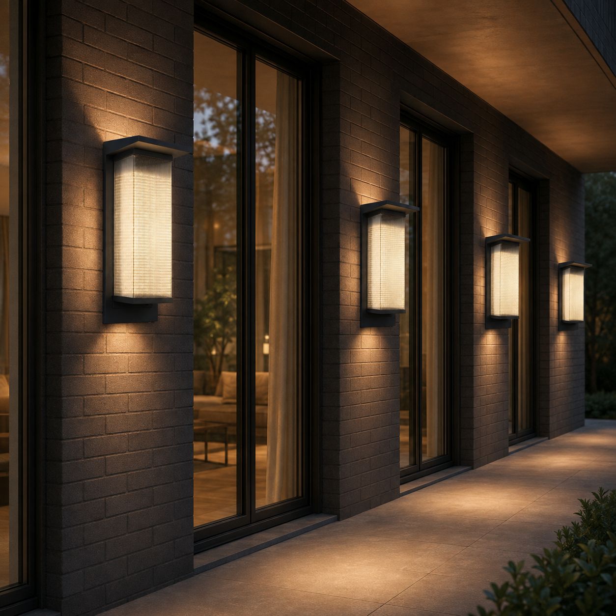 Row of tall reeded wall lights along a modern dark exterior at night