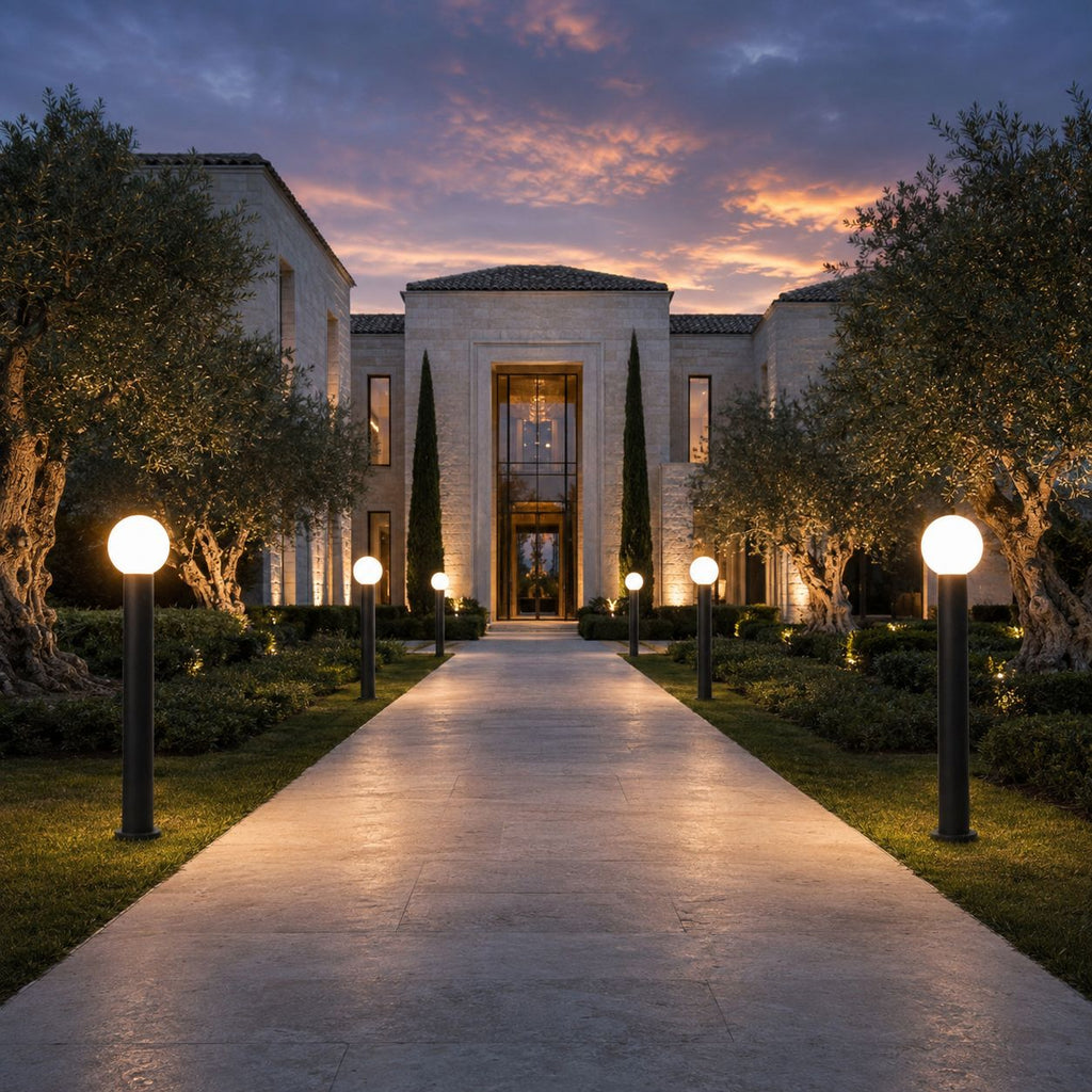 Avenue of globe bollard lights lining a driveway to a grand lit house at dusk