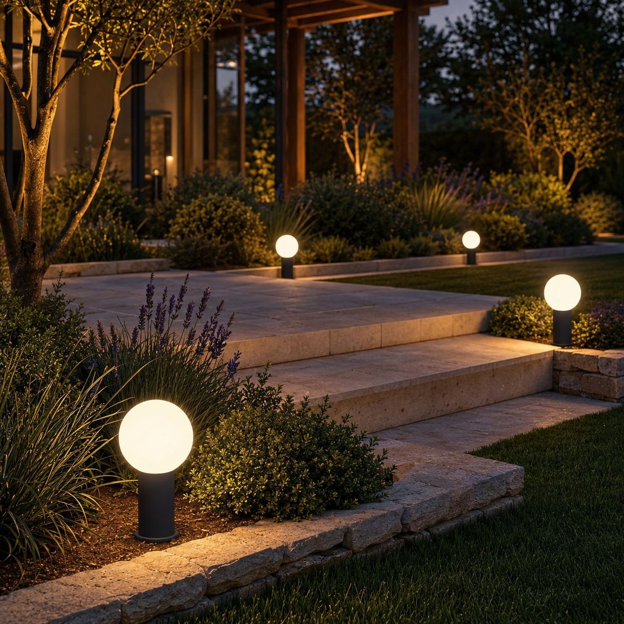 Globe bollard lights beside stone garden steps with lavender planting
