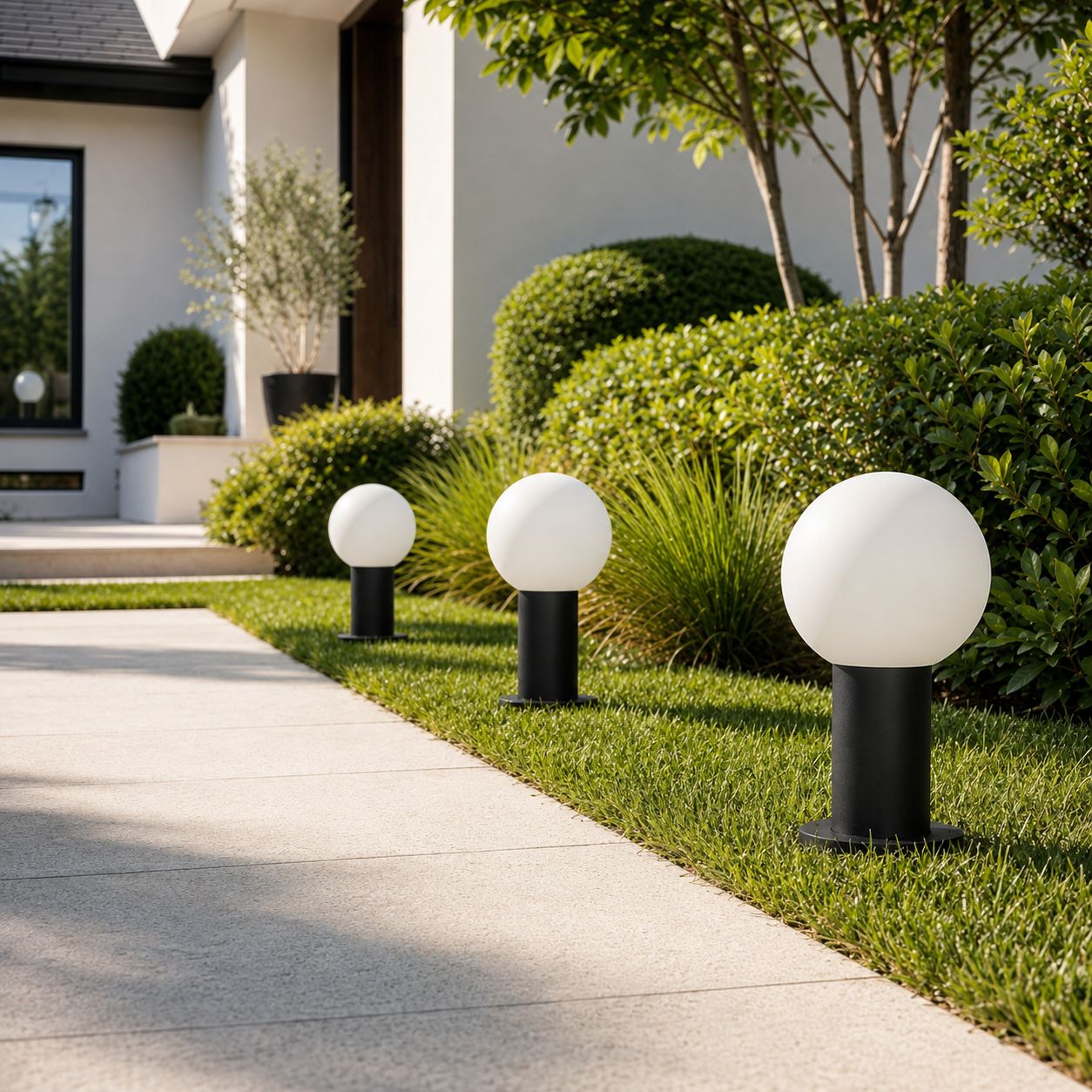 Three globe bollard lights along a lawn edge beside a white rendered house