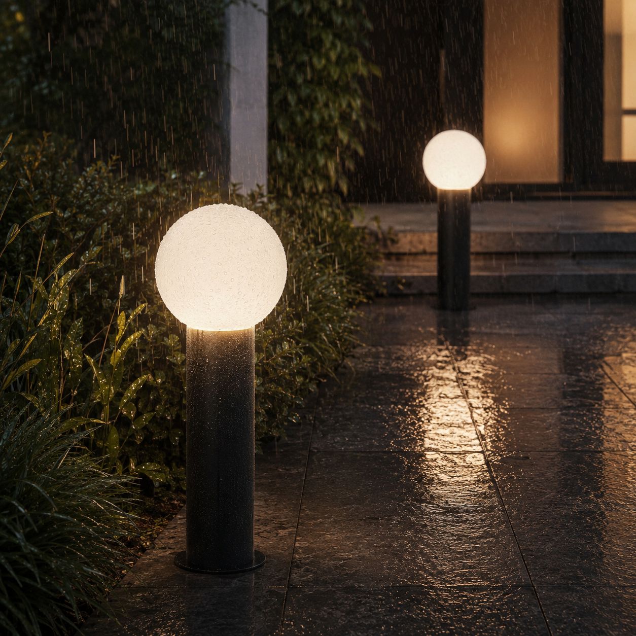Globe bollard light in the rain, the opal sphere reflected on wet paving