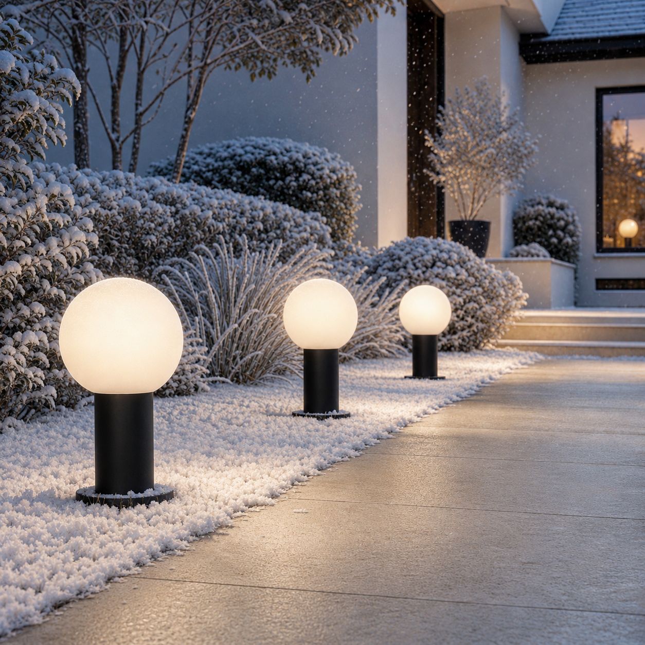 Globe bollard lights along a snow-covered garden path in winter
