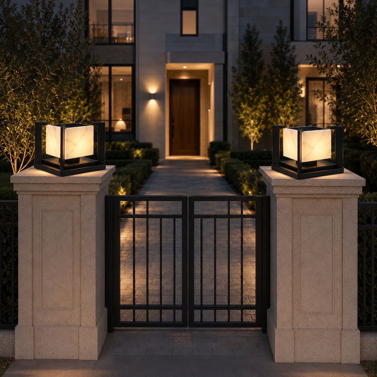 Pair of marble effect pillar lights on stone gate posts flanking iron gates