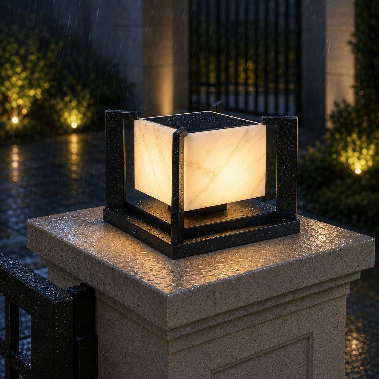 Marble effect pillar light in the rain on a wet stone pillar cap
