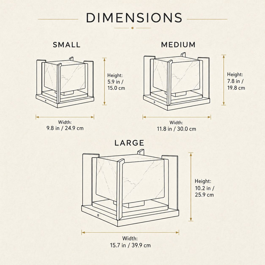 Dimensions guide showing the small, medium and large marble effect pillar light