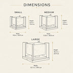Dimensions guide showing the small, medium and large marble effect pillar light