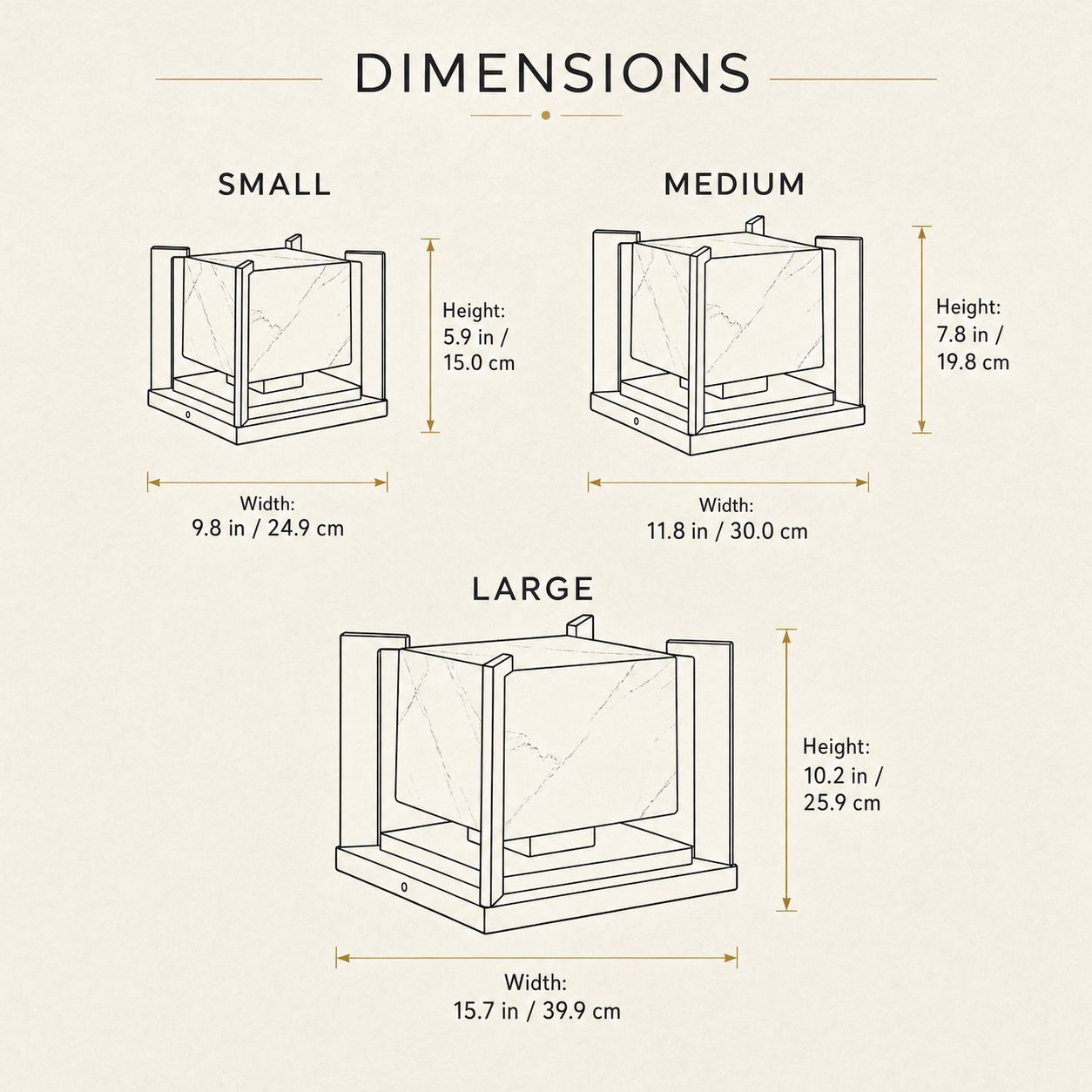 Dimensions guide showing the small, medium and large marble effect pillar light