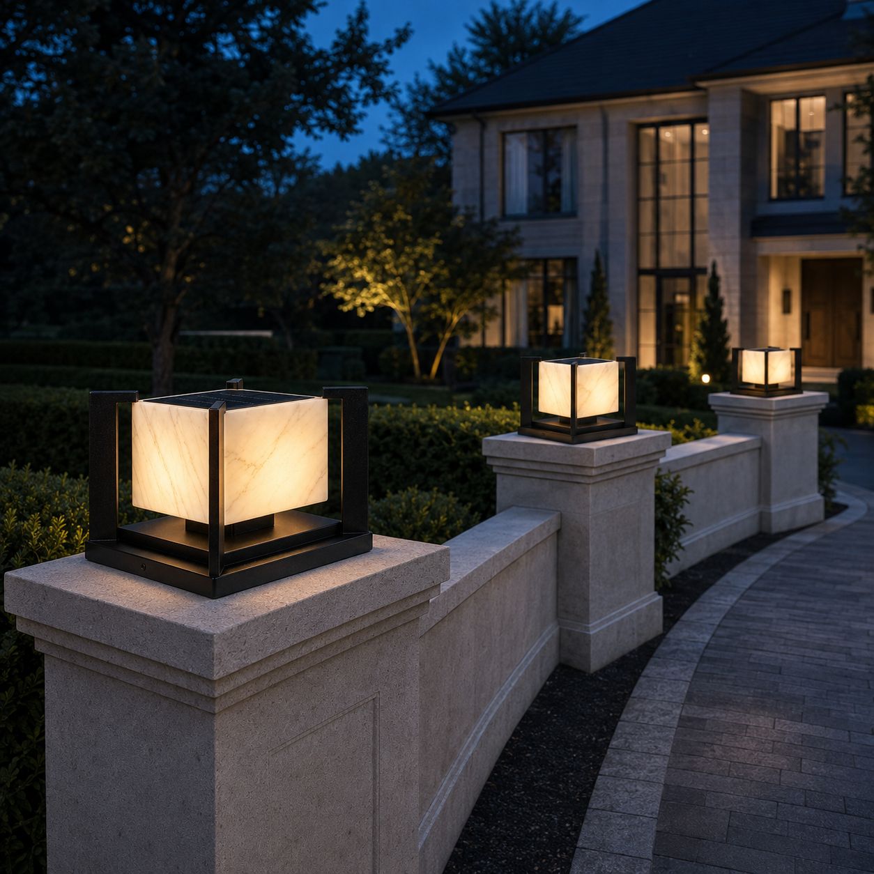 Marble pillar lights on gate piers along a driveway to a large house at dusk