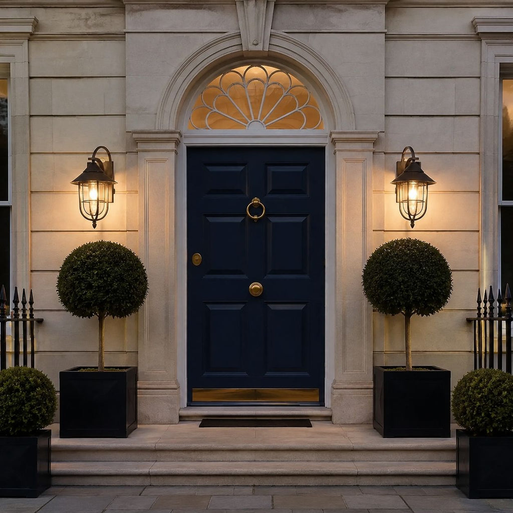 Two nautical caged sconces flanking a navy front door with box topiary