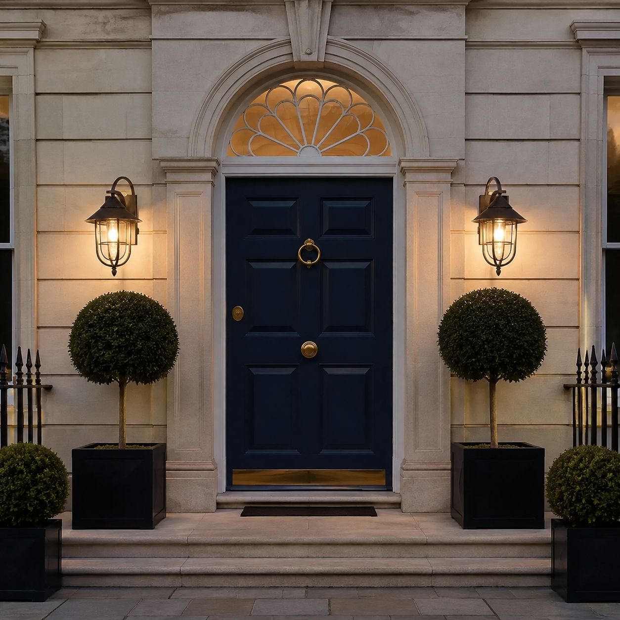 Two nautical caged sconces flanking a navy front door with box topiary
