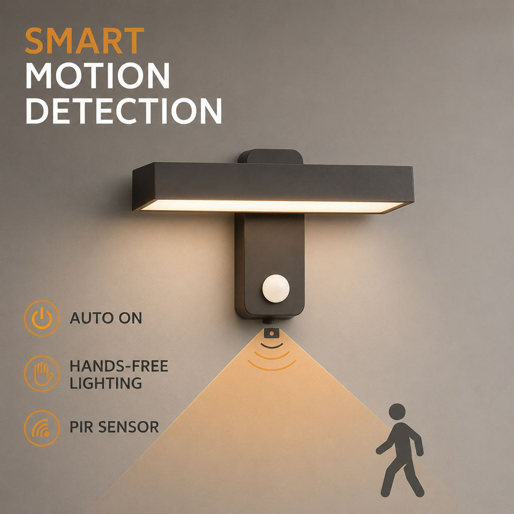 Smart motion detection graphic showing the PIR sensor and hands-free operation