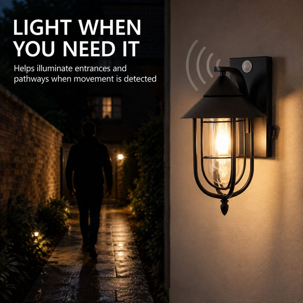 Graphic showing the sconce lighting a passage as a figure approaches