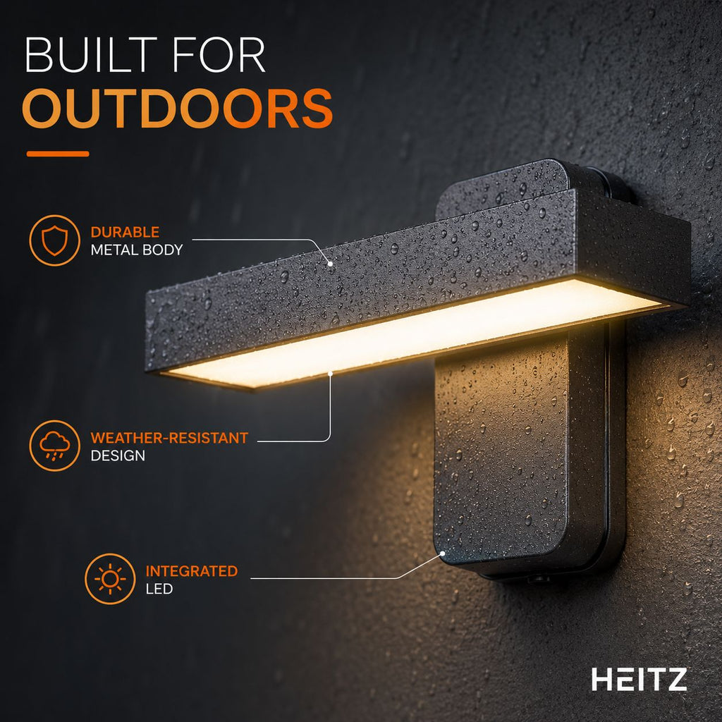 Built for outdoors graphic showing the metal body and integrated LED