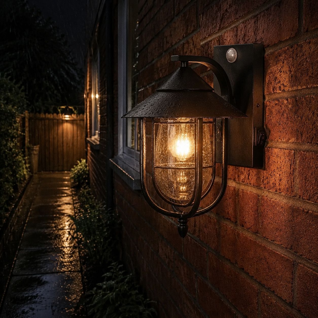 Nautical caged sconce lighting a wet brick passage at night