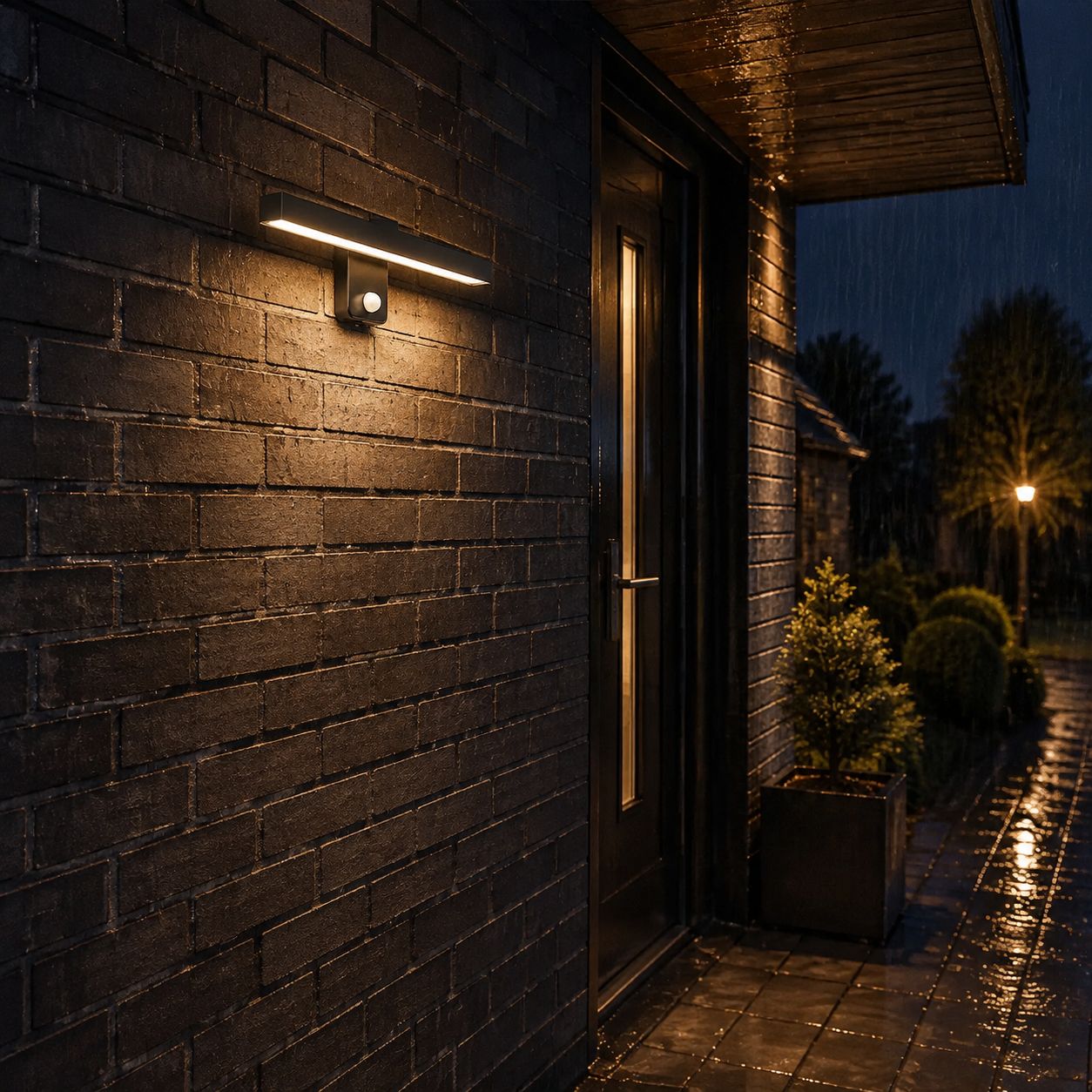Linear LED bar wall light beside a doorway on wet brick at night