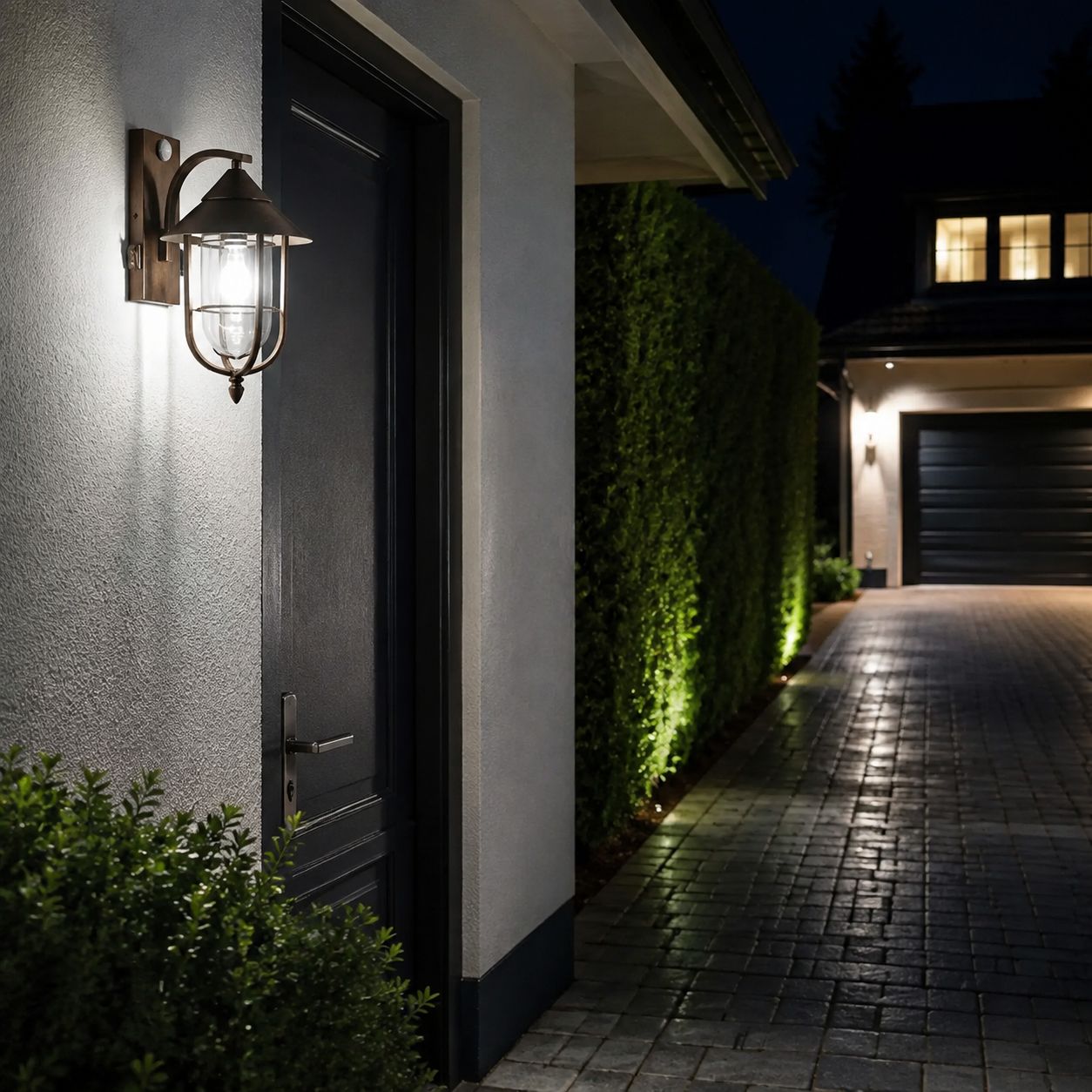 Nautical caged sconce on render beside a driveway and garage at dusk