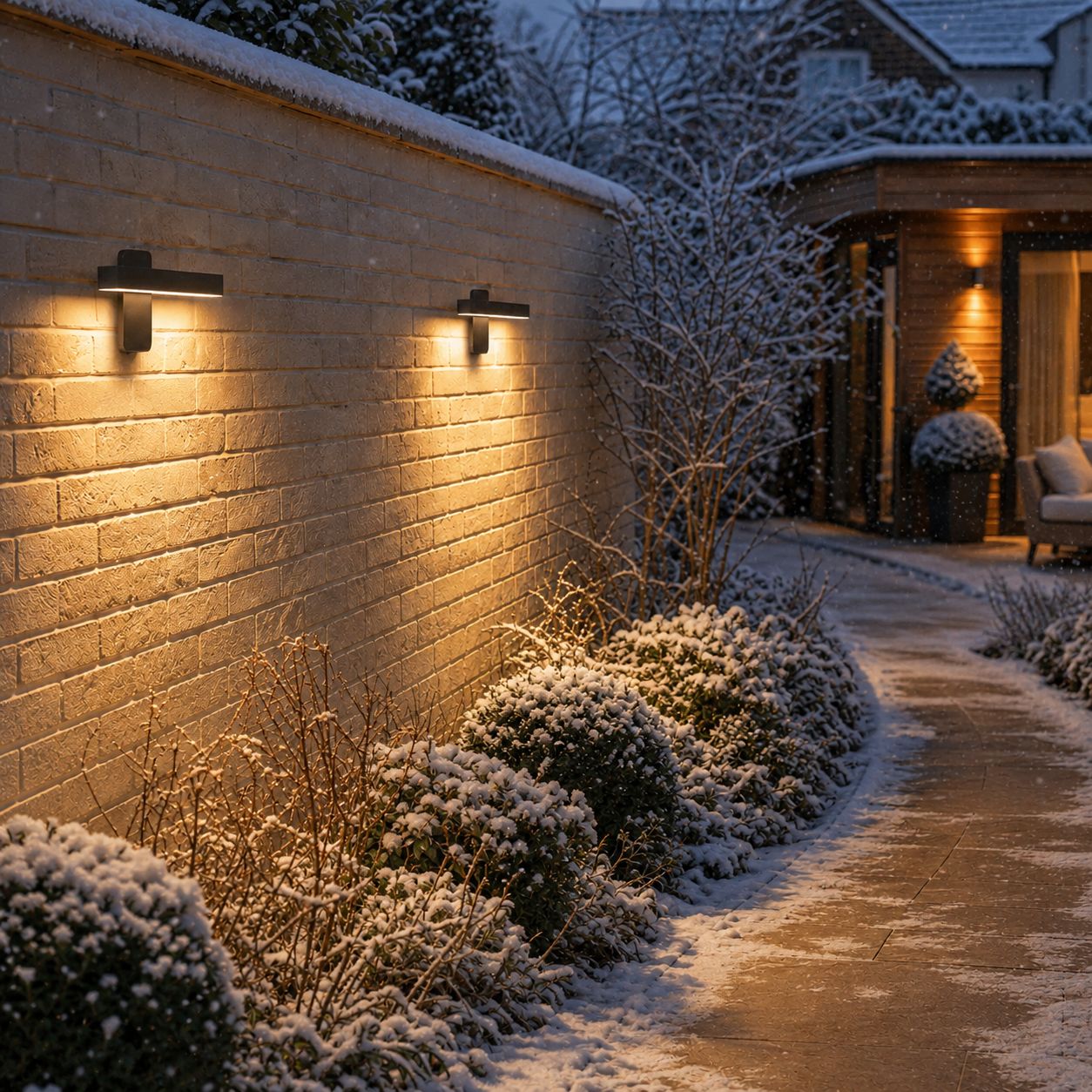 Two linear LED bar wall lights on a pale wall above snow-covered planting