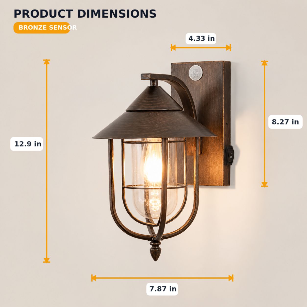 Dimensions graphic for the bronze nautical caged sconce