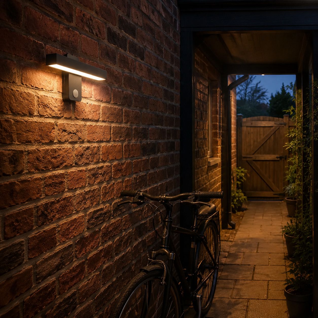 Linear LED bar wall light lighting a brick side passage with a bicycle