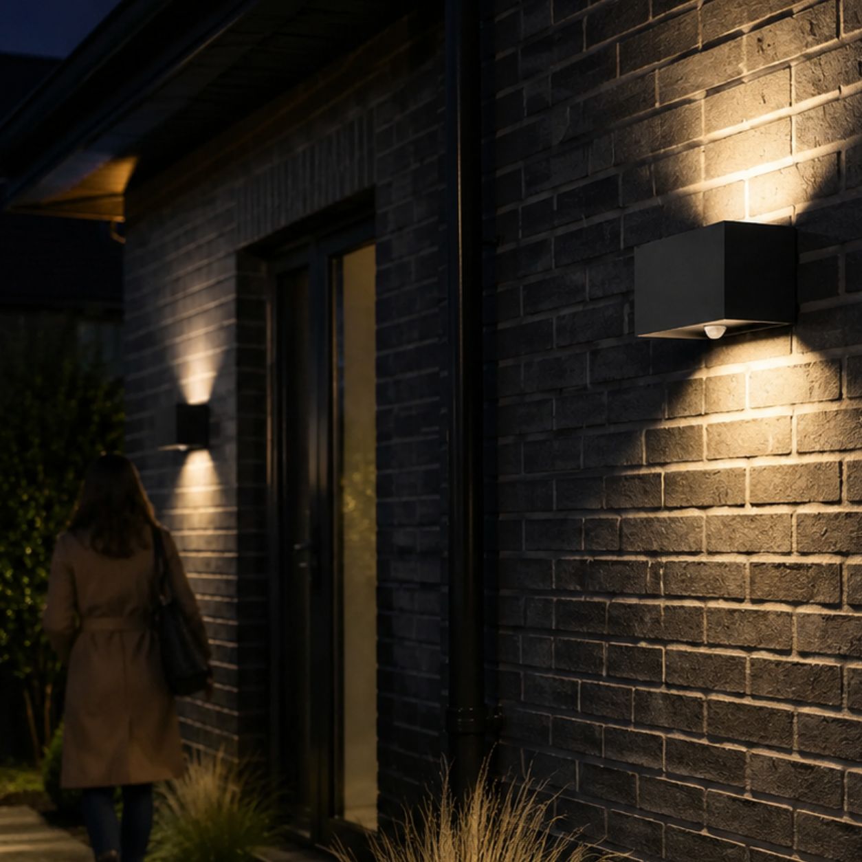 Two up and down wall lights along a dark brick wall lighting a path