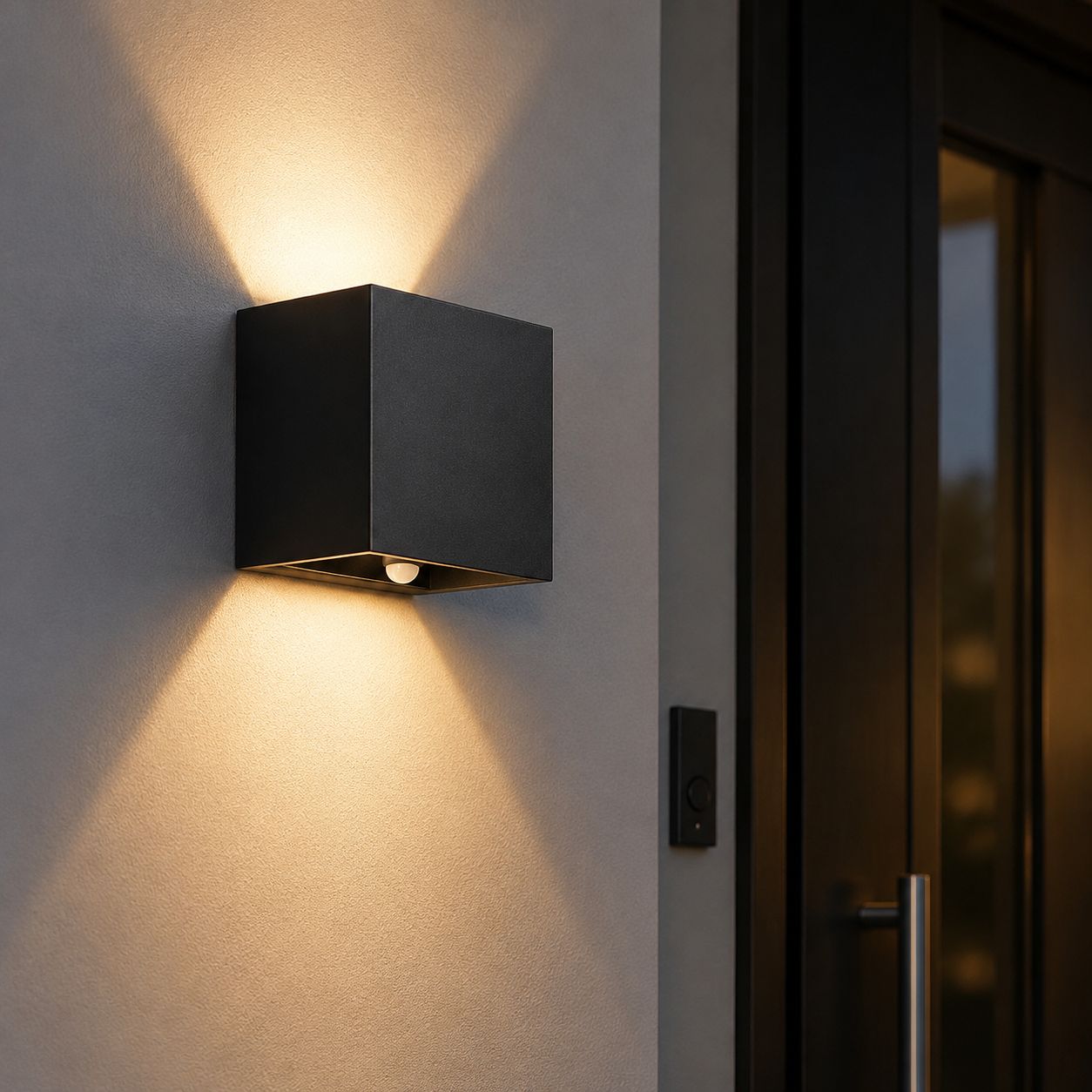 Compact up and down wall light beside a glazed front door