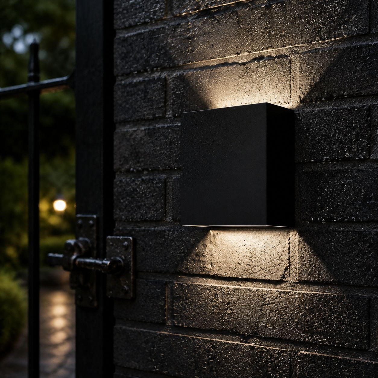 Up and down wall light on wet dark brick beside a garden gate