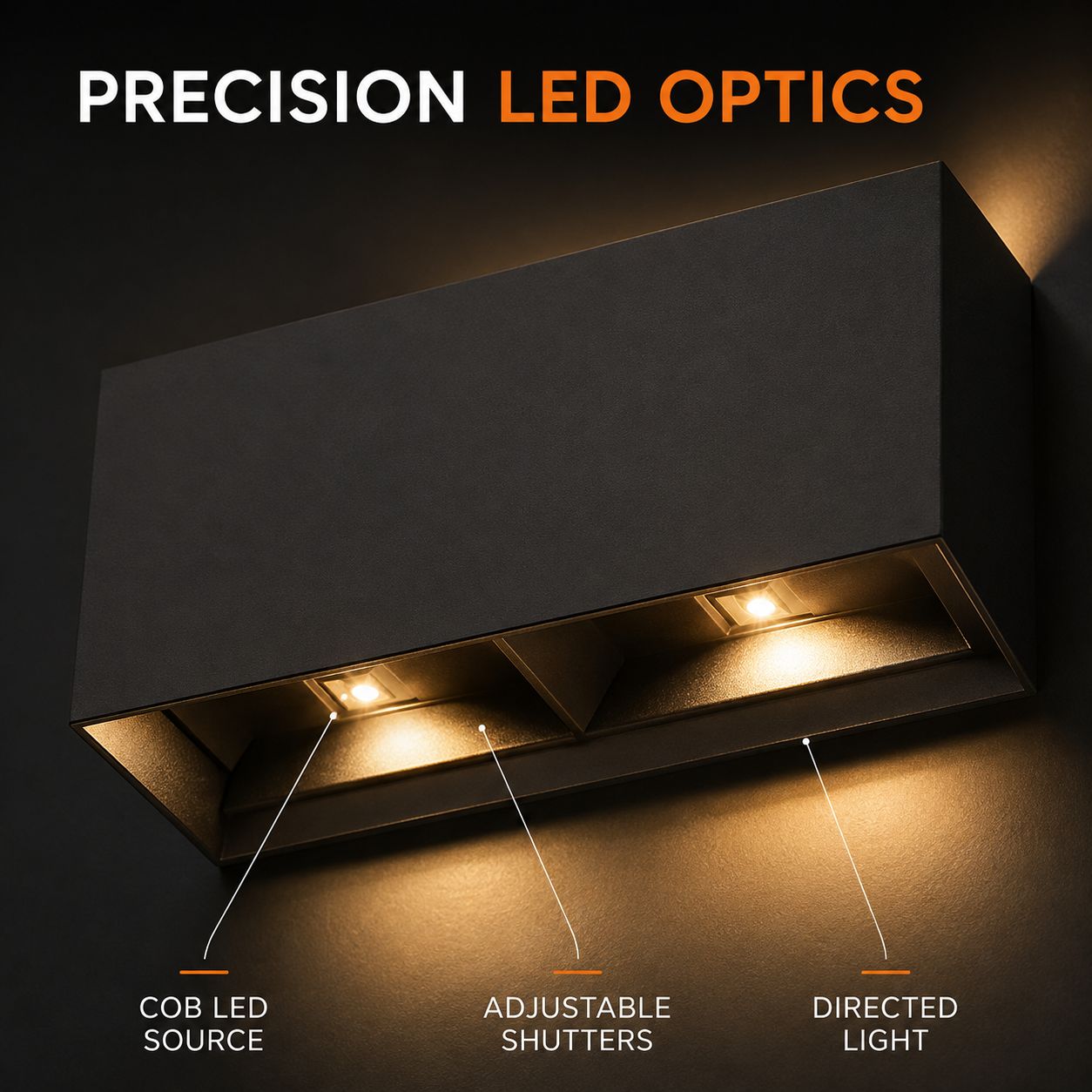 Precision LED optics graphic showing the COB source and adjustable shutters