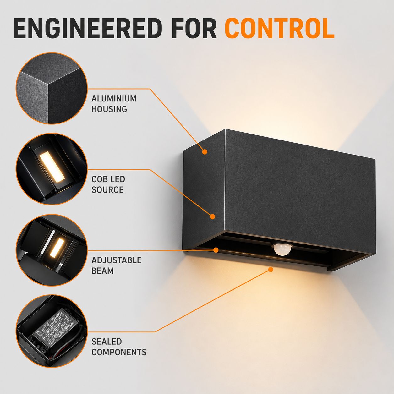 Engineered for control graphic showing aluminium housing and sealed components