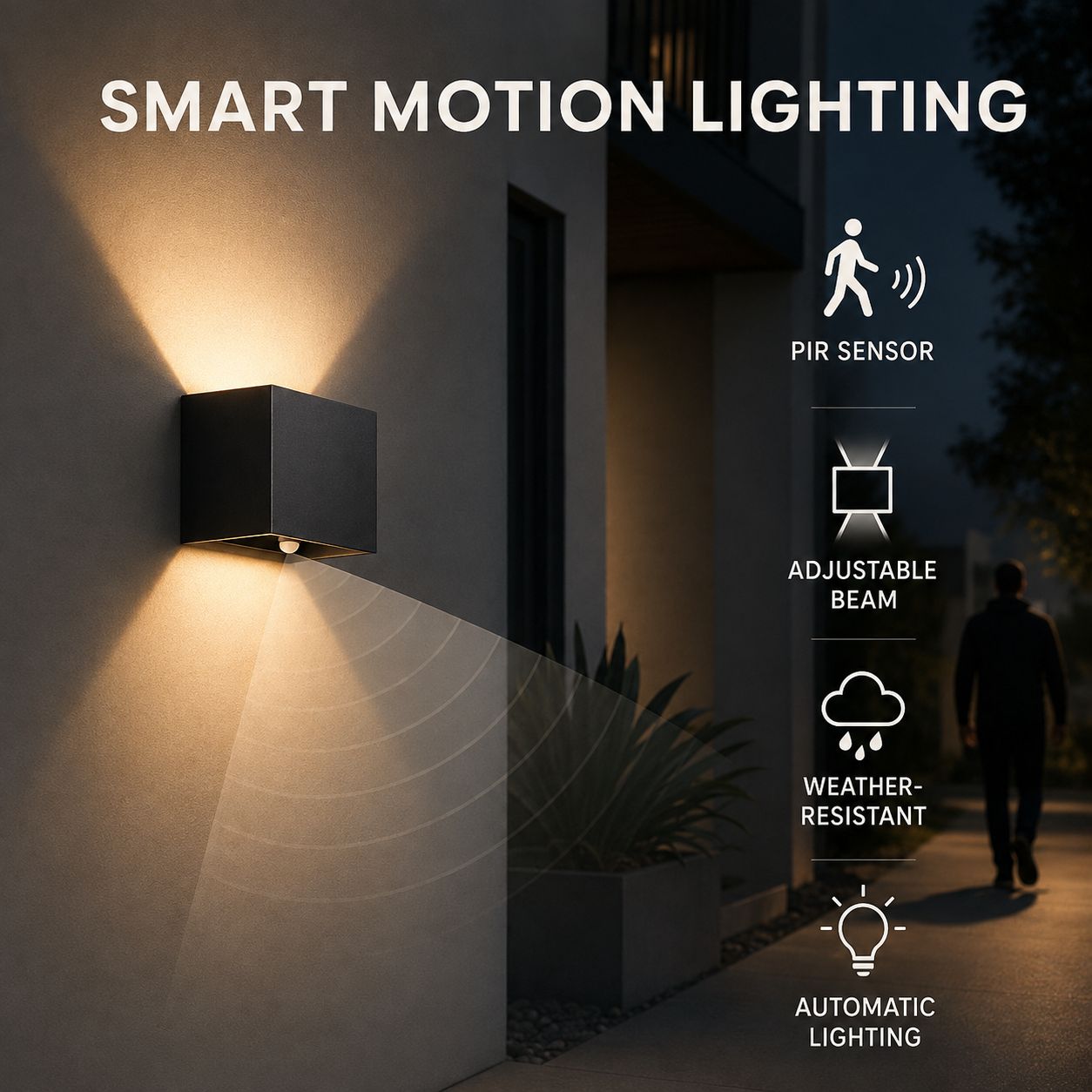 Smart motion lighting graphic showing the PIR sensor and adjustable beam