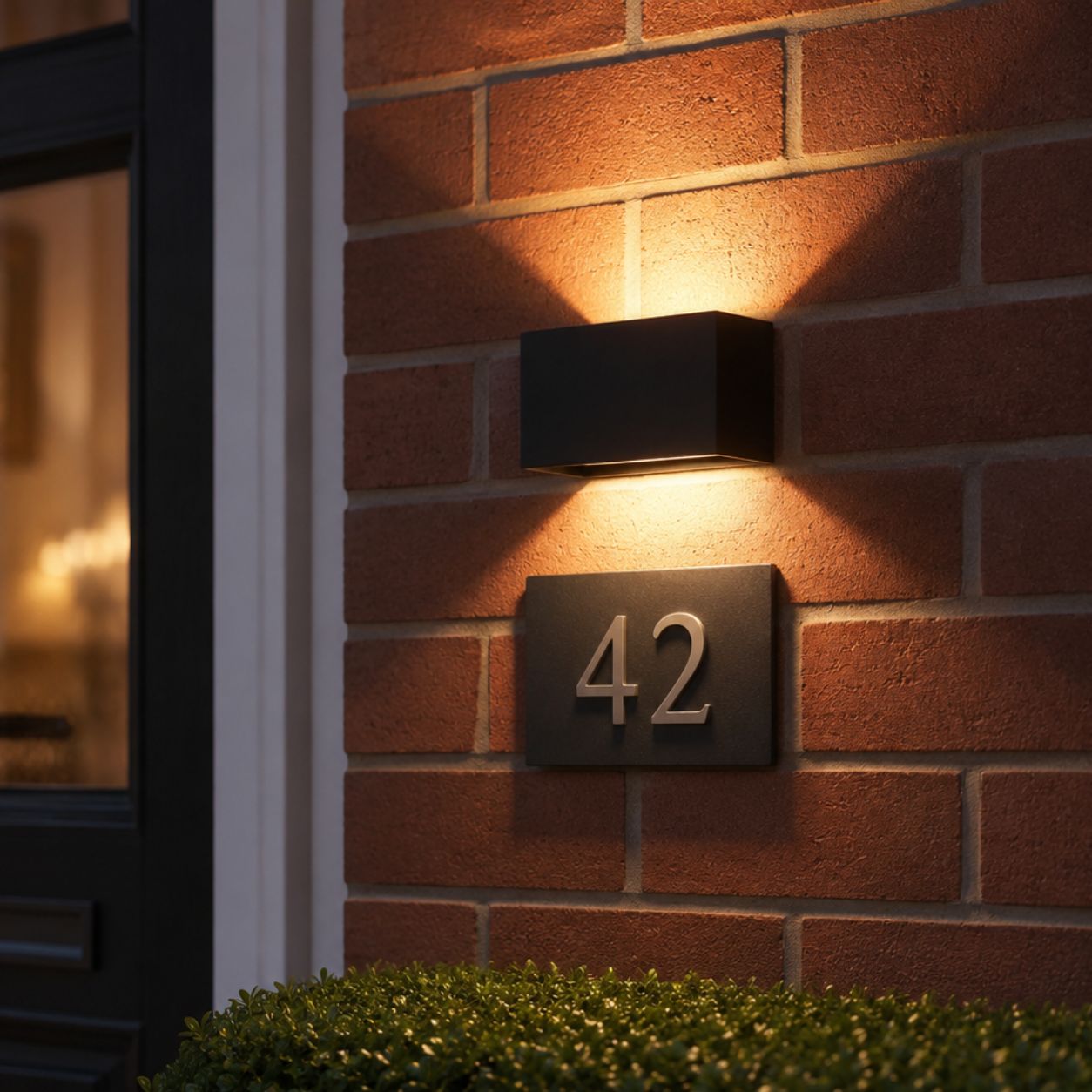 Up and down wall light above an illuminated house number forty two on brick