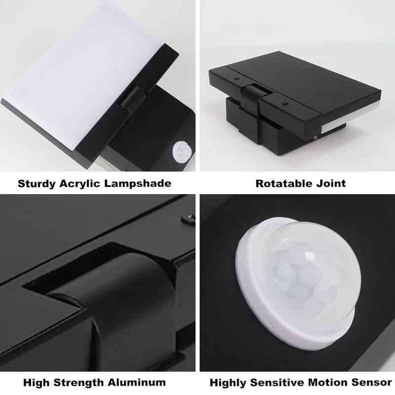 Angled LED wall light with motion sensor mounted on an exterior wall