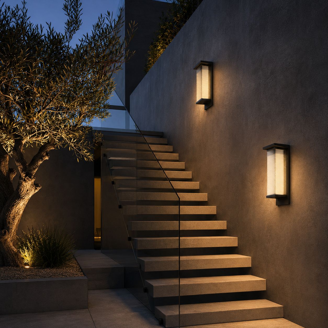 Two tall reeded wall lights on a dark facade beside steps and an olive tree