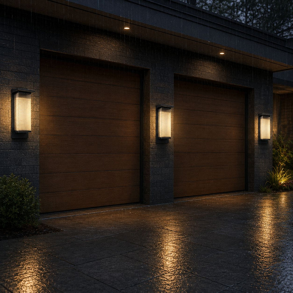 Three tall wall lights above garage doors on a wet driveway at dusk