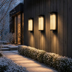 Three tall wall lights on dark timber cladding above snowy white planting