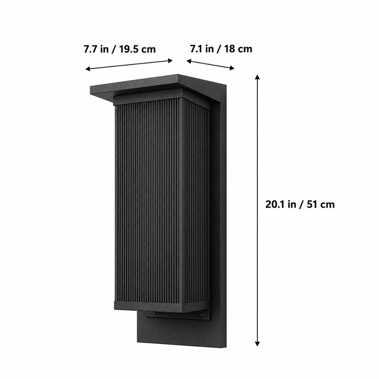Dimensions graphic showing the tall reeded wall light at 51cm high and 19.5cm wide