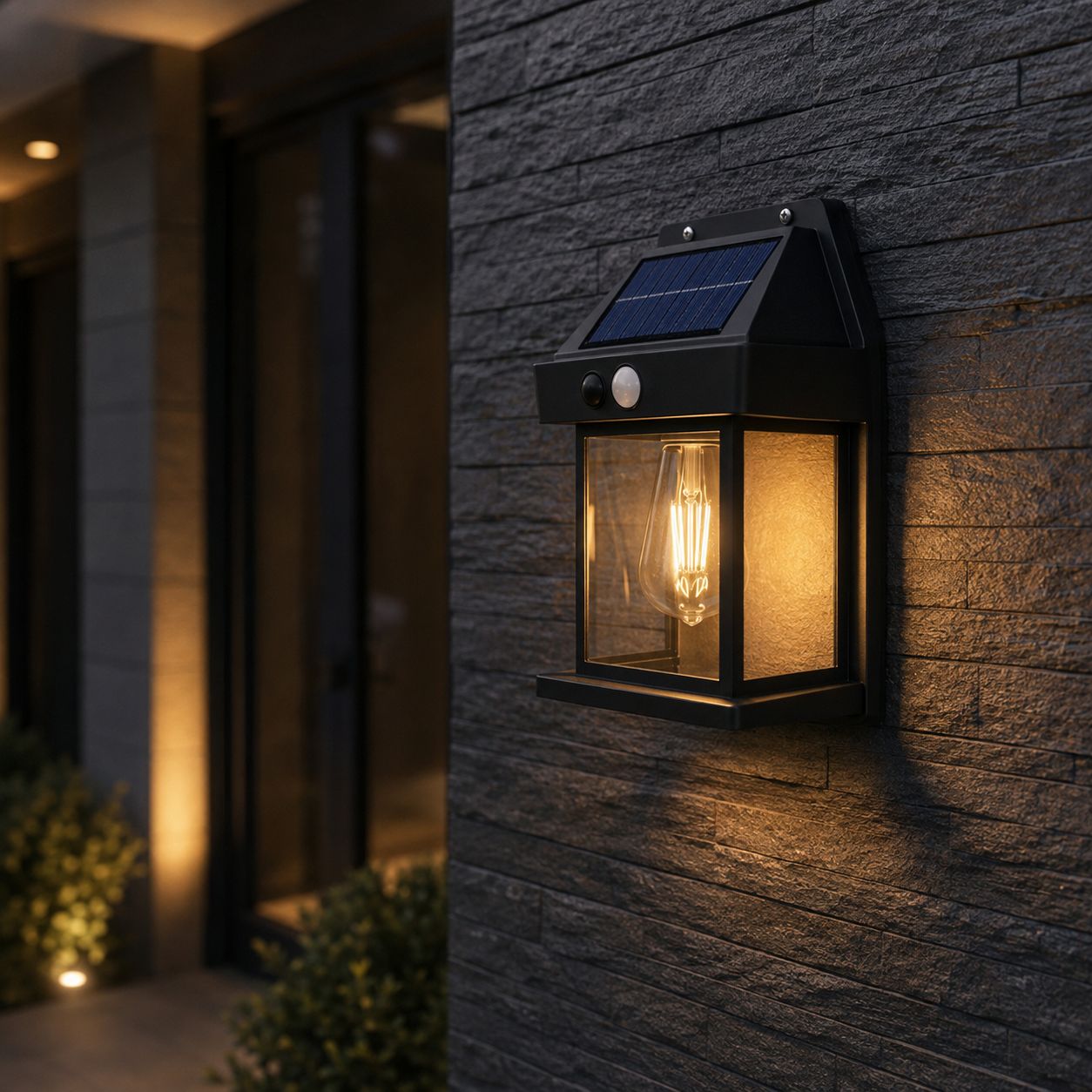 Solar motion sensor wall lantern on dark stone beside glass doors, solar panel visible