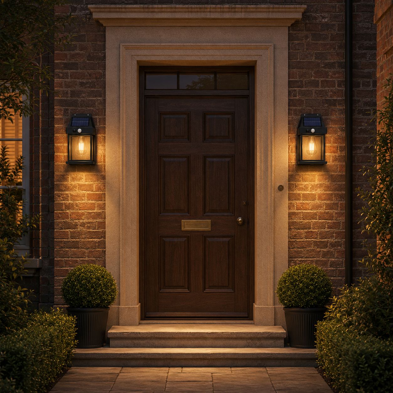 Two solar motion sensor lanterns flanking a panelled front door on a brick house