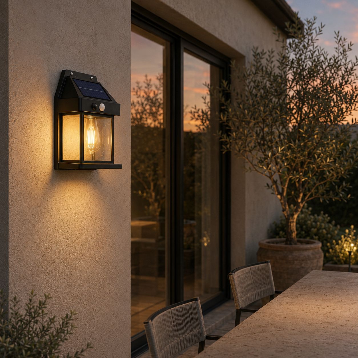 Solar wall lantern on a rendered wall beside sliding doors and an olive tree at sunset