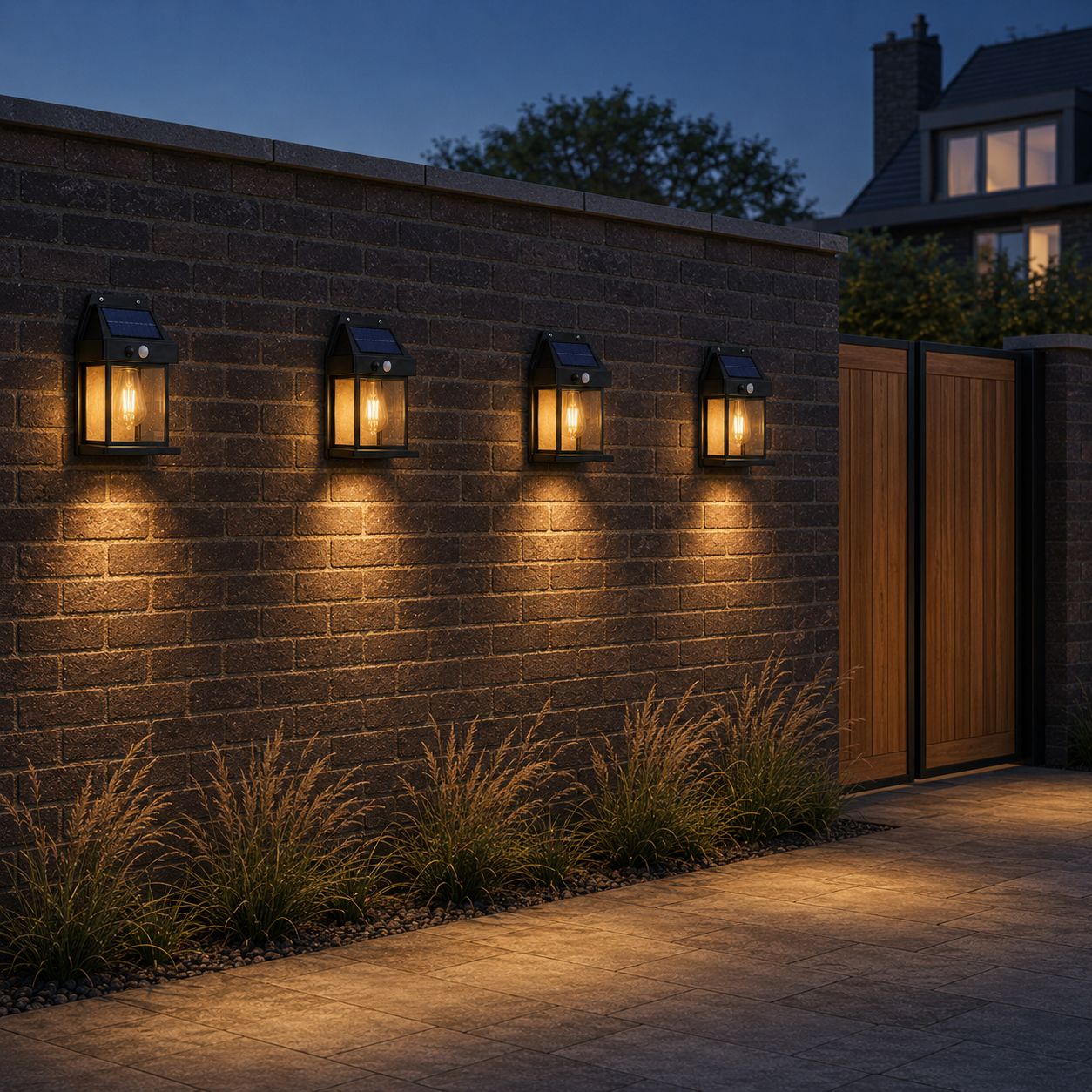 Four solar motion sensor lanterns spaced along a brick garden wall beside a timber gate