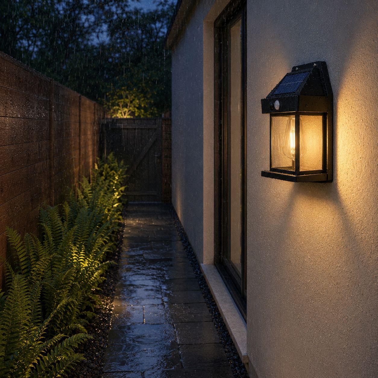 Solar motion sensor lantern lighting a narrow side passage in the rain
