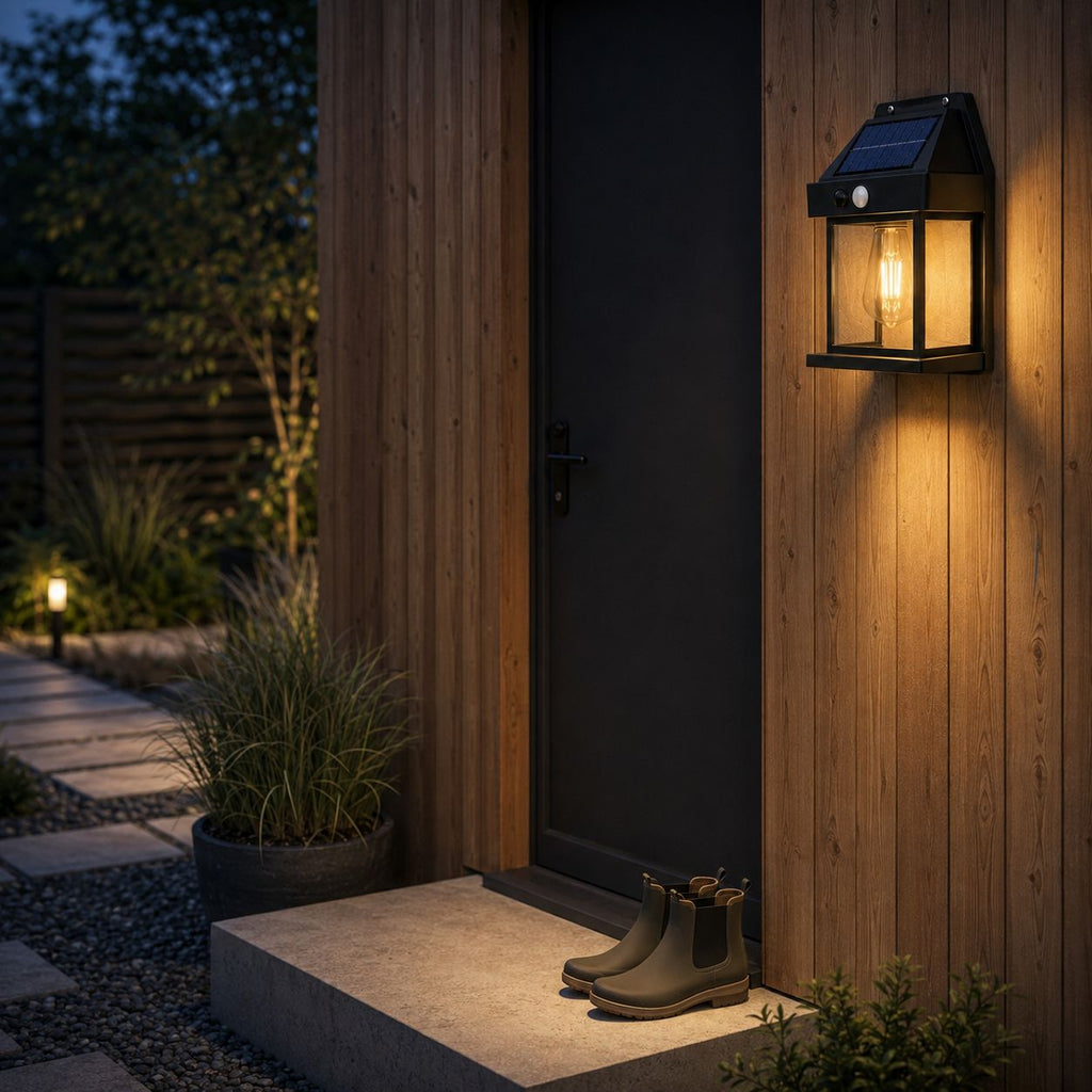 Solar wall lantern mounted on timber cladding beside a dark garden door
