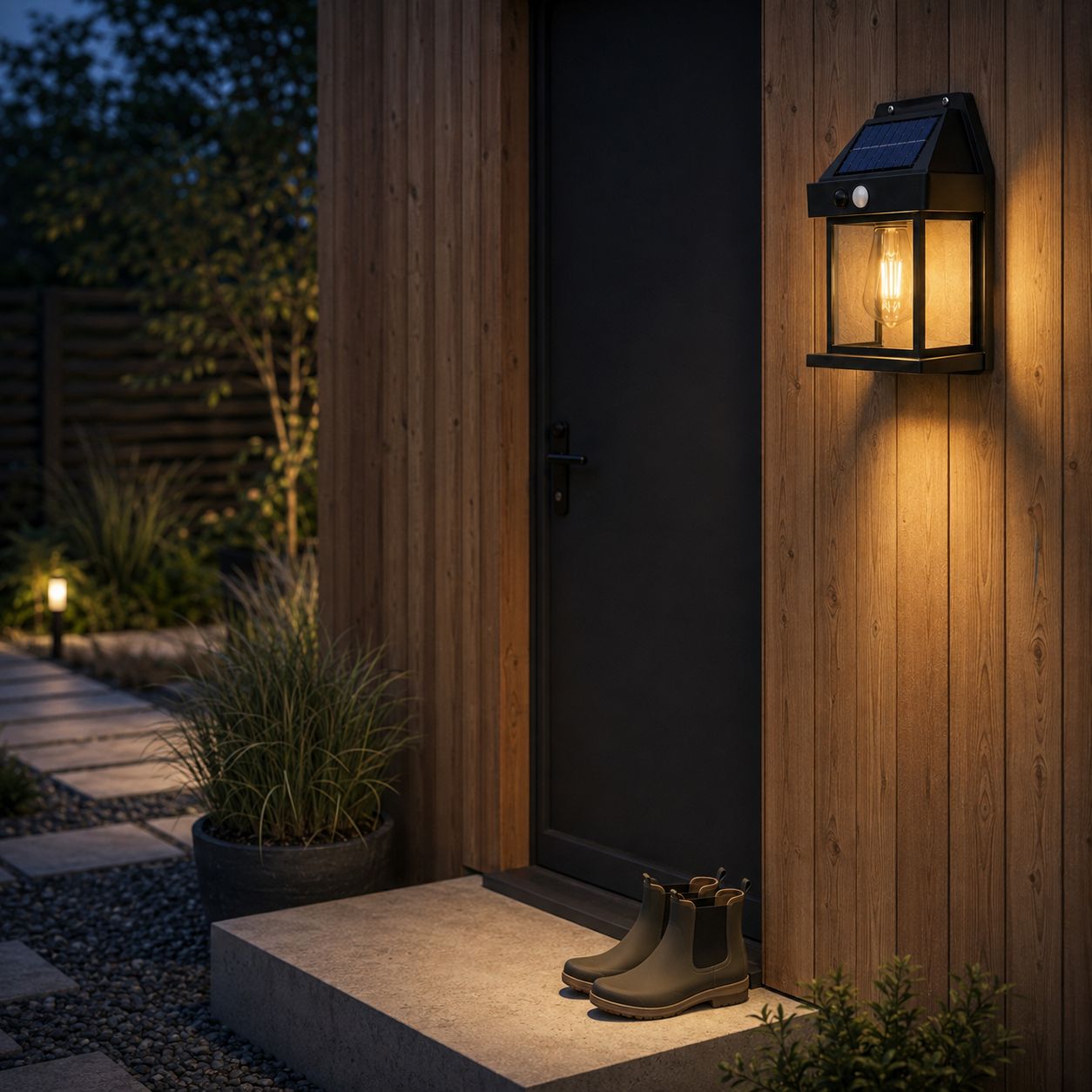 Solar wall lantern mounted on timber cladding beside a dark garden door