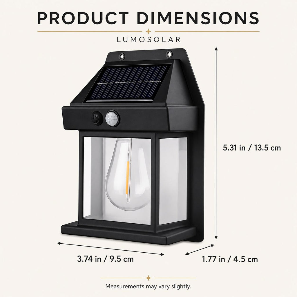 Dimensions graphic for the solar motion sensor wall light, 13.5 by 9.5 by 4.5cm