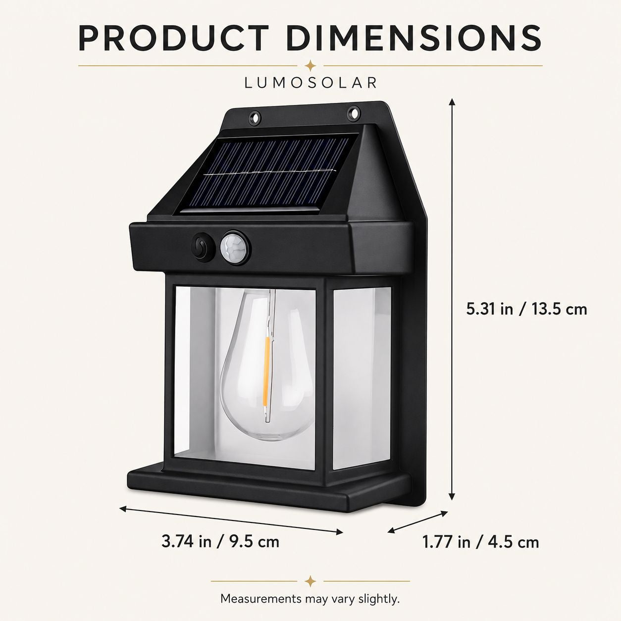 Dimensions graphic for the solar motion sensor wall light, 13.5 by 9.5 by 4.5cm