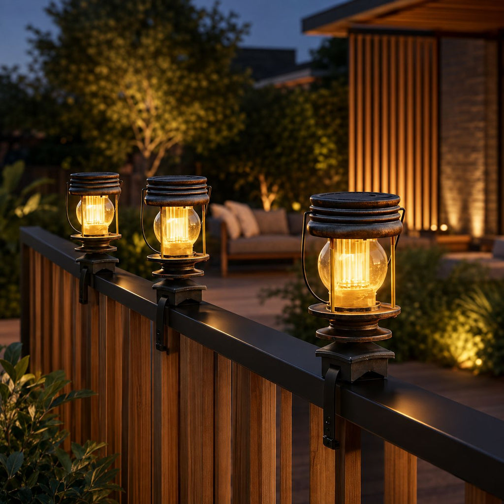 Solar lanterns clamped along a timber and metal deck rail beside a patio