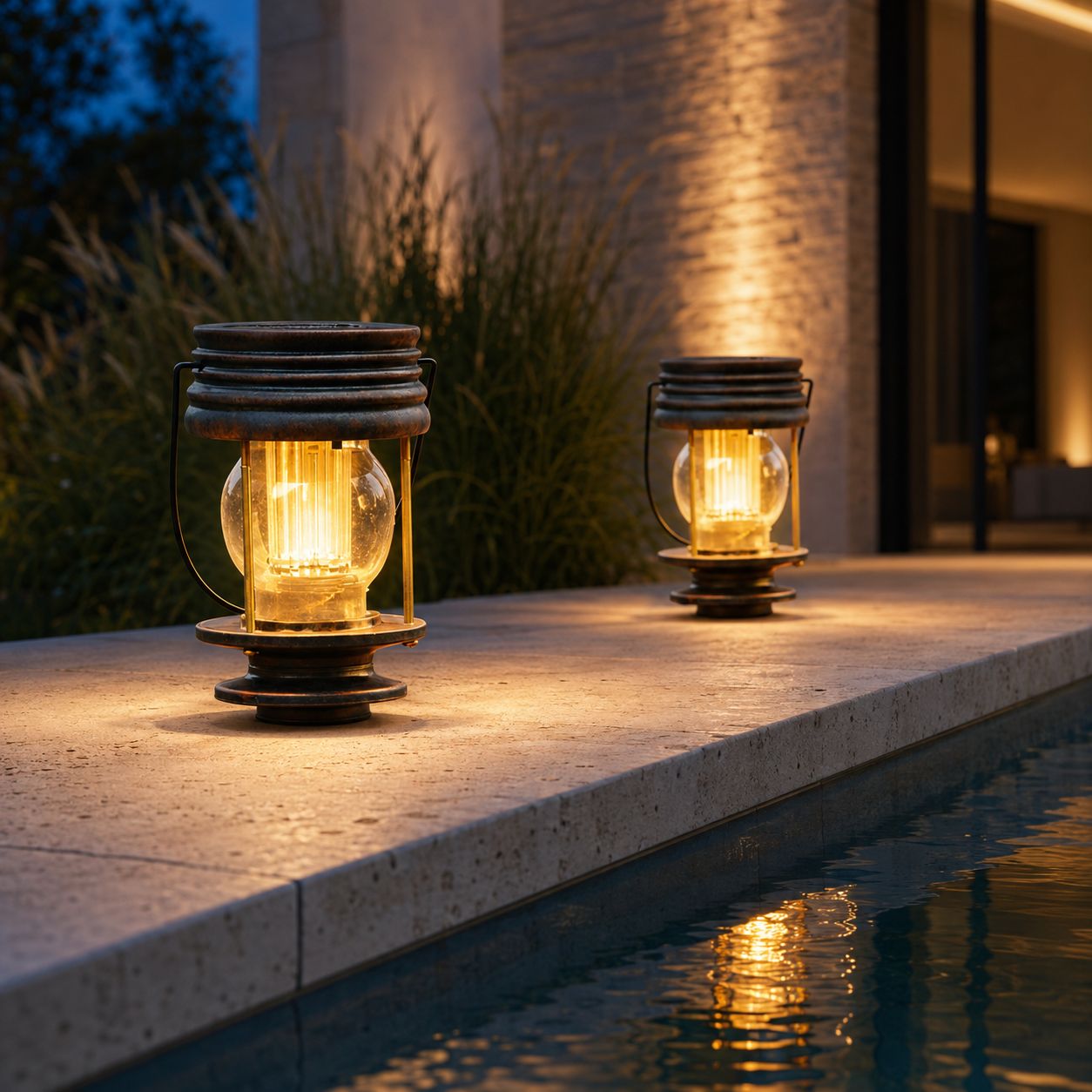Two solar lanterns on a pool coping, light reflecting in the water