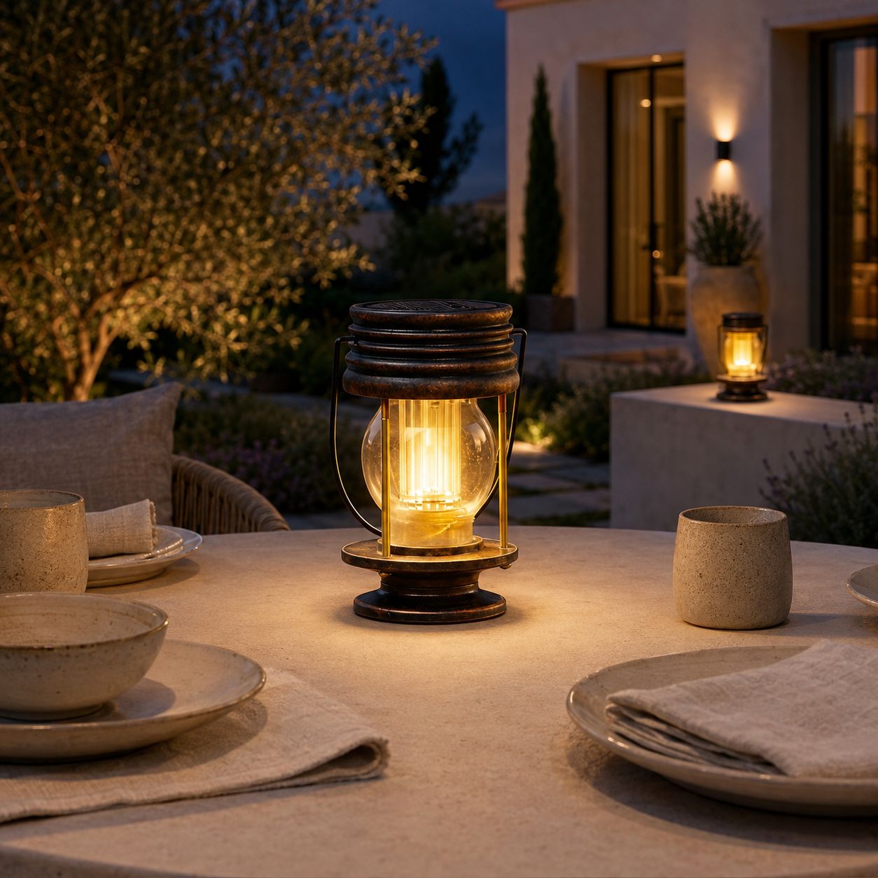 Solar lantern set on an outdoor dining table beside crockery at dusk
